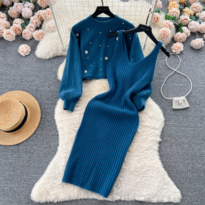 SINGREINY Beading Casual Two Piece Set Women Long Sleeve O Neck Pullover Midi Dress Fashion 2023 Winter Sweater Suit Dresses Badiee Stylez