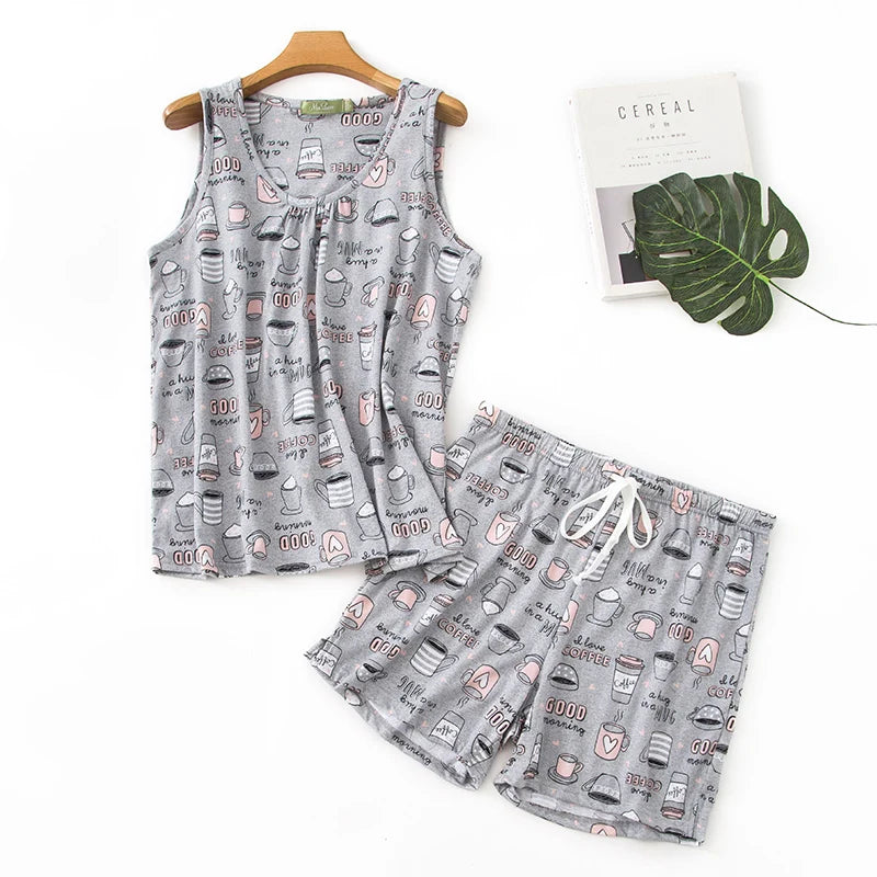 Hzioiys Summer Pajamas Sets Cotton Sleepwear Suit Women Casual Pajama Sets Cartoon Vest Shirt + Shorts Pajamas Suit Plus Size