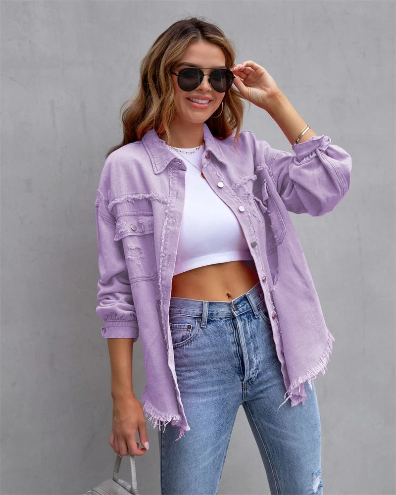 2025 Spring Autumn Shirt Style Denim Jacket Women Holes Raw-edges Jeancoat Casual Tops Female Oversize Loose Outerwear 7 Colors