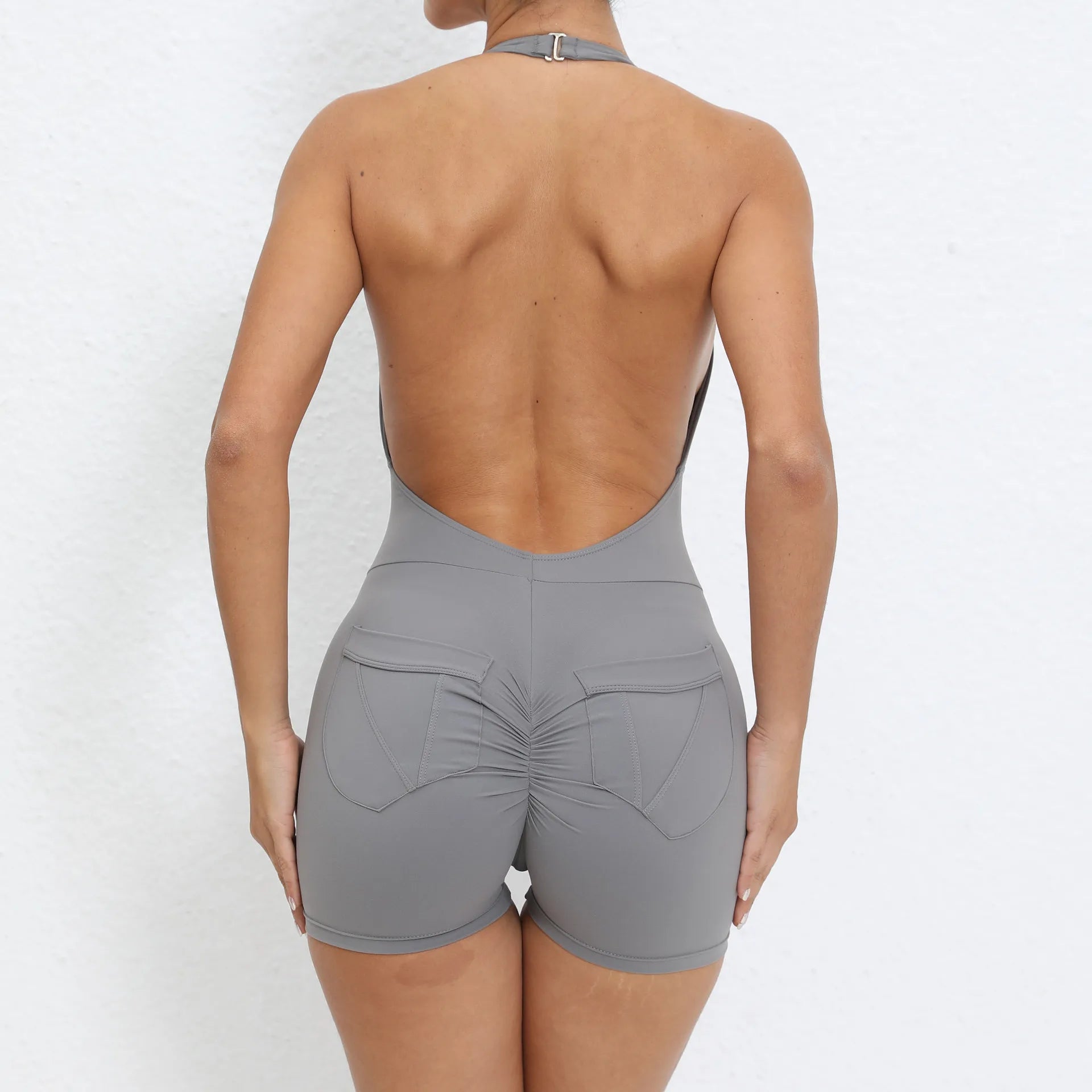 Gym Sport Jumpsuit Short Jumpsuit with Pocket Women Sportswear One Piece Yoga Set Sexy Backless Scrunch Fitness Overalls Romper