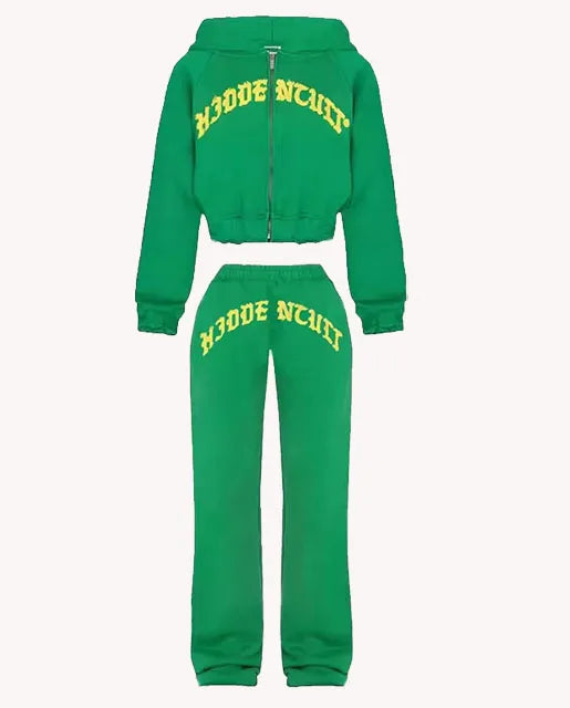 Patchwork 2 Piece Set Tracksuit Women Zip Wide Waist Crop Hooded Pocket Jacket + Sporty Pants Matching Casual Basic Suit