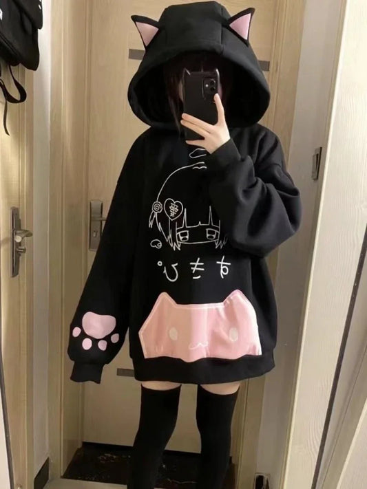 Japanese Cartoon Print Fleece Hoodies Women Harajuku Gothic Cat Ears Hooded Vintage Hoody Streetwear Y2k Aesthetic Sweatshirt