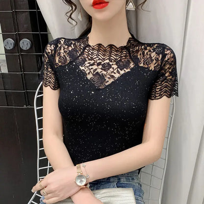 Summer Women Tops Patchwork Bright silk Mesh T shirt Pathcwork Short Sleeve Lace Shirt