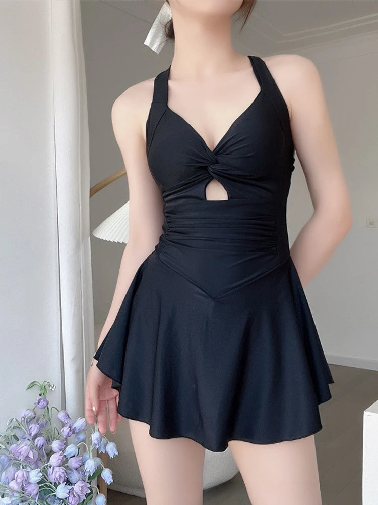 Women Hanging Neck Sweet Cute Swimwear Sexy One-piec Beach Wear Swim Suit Beach Dress Swimsuit High Waist Bathing Suit For Girls Black