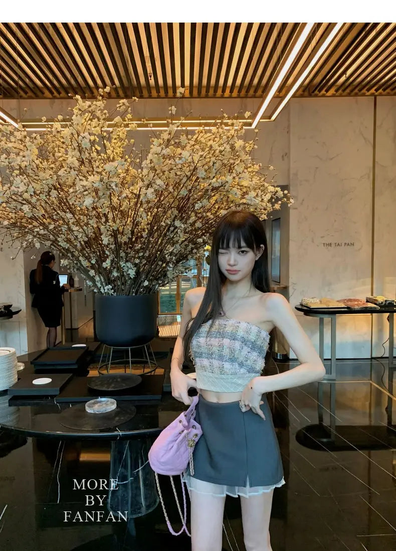 Sexy Camis Plaid Chic tube top Slim Korean Tanks Top Sleeveless Elegant Crop Top Summer Women Bustier