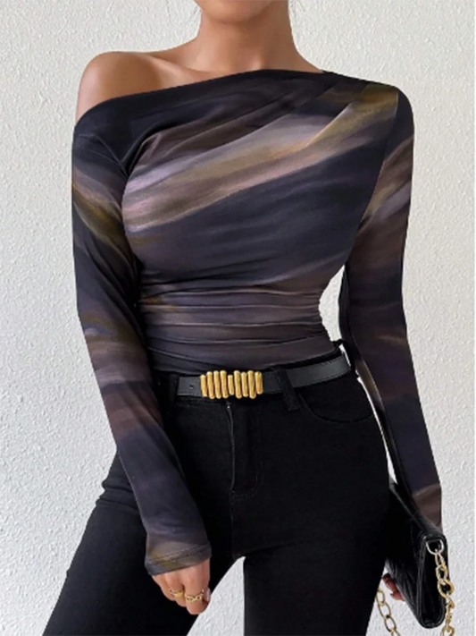 Y2K Slim Fit Long Sleeved Diagonal Collar Printed T-shirt Women's Fashionable Street Sexy Versatile Autumn Top Multicolor