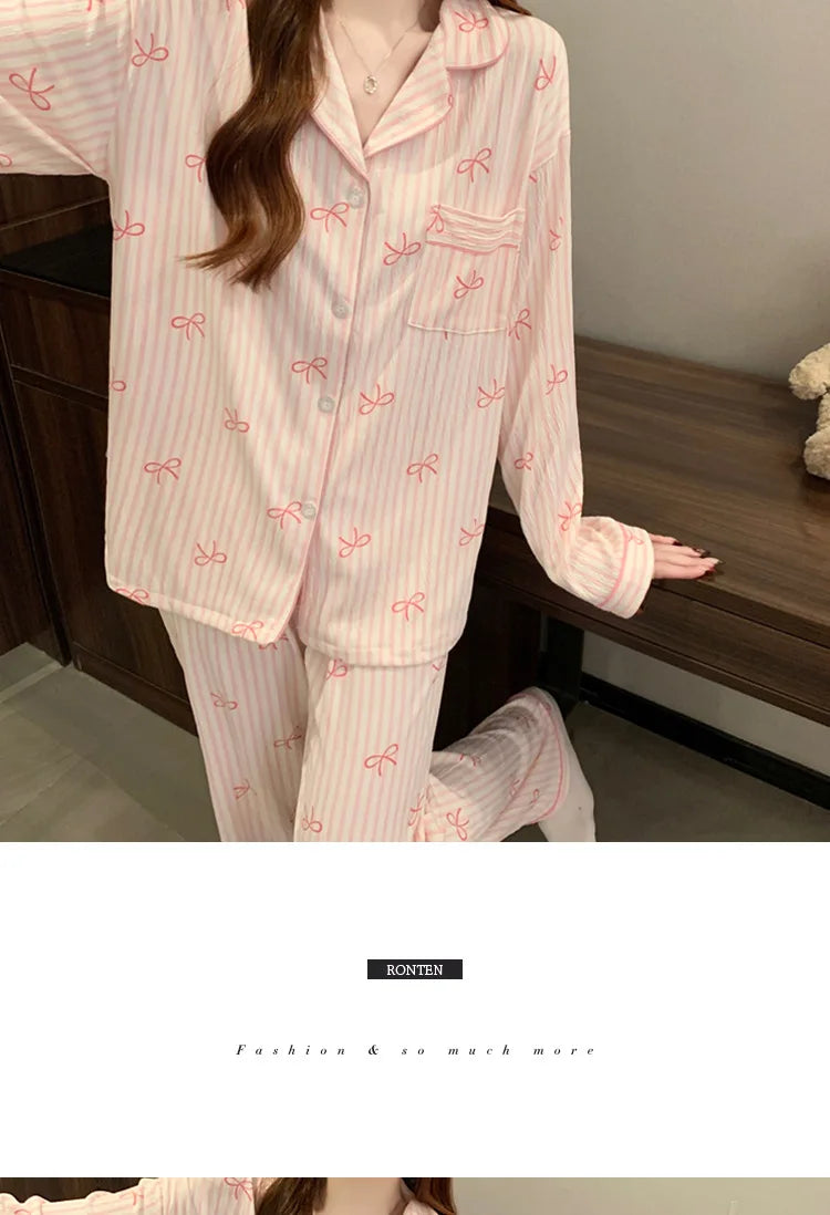 New Women's Spring and Fall Pajamas Homewear Set Wrinkled Cloth Sweet Girl Students Long-Sleeved Casual Pajamas Homewear Set
