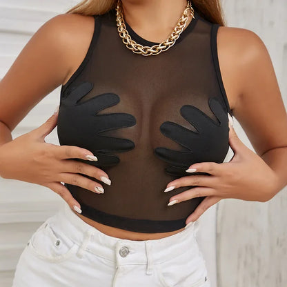 Fashion Round Neck Sleeveless Y2k Top Sexy Net Yarn Slightly Sheer Women Clothing High Stretch Embroidery Streetwear Crop Top