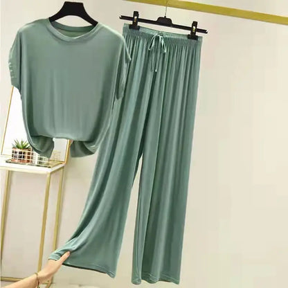 Modal Loose Homewear set O-neck Tshirts short sleeves and Wide leg pants Casual streetwear suit all match light green