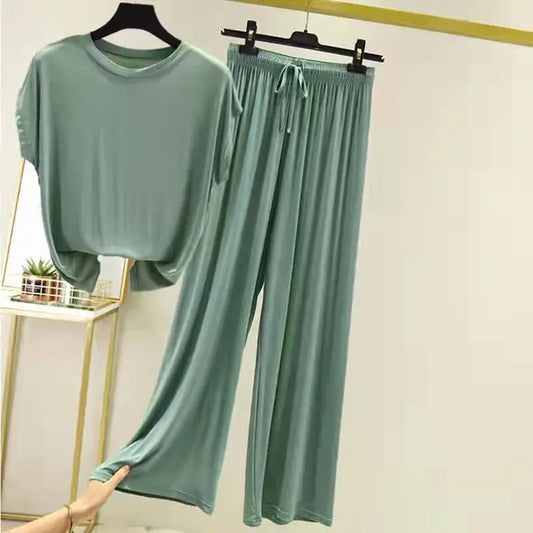 Modal Loose Homewear set O-neck Tshirts short sleeves and Wide leg pants Casual streetwear suit all match light green