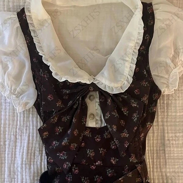 Sweet Gyaru Chic Dress y2k Summer Women's Clothing Floral Puff Sleeve Girdling Waist Lady Gowns Lace Up Ruffled Graceful Dresses Badiee Stylez