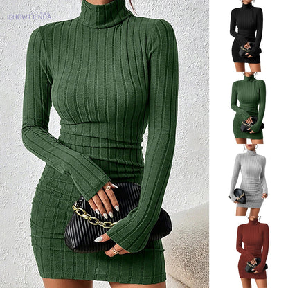 Knitted Bottoming Dress Women Elegant Party Autumn Winter Turtleneck Long Sleeves Sexy Sheath Mini Dresses Bodycon Club Dress Badiee Stylez