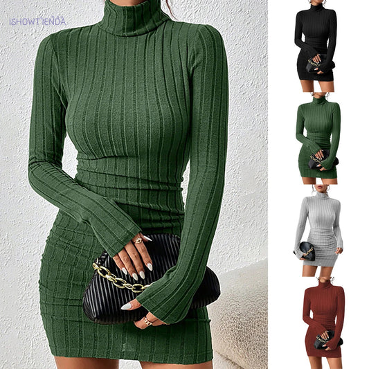 Knitted Bottoming Dress Women Elegant Party Autumn Winter Turtleneck Long Sleeves Sexy Sheath Mini Dresses Bodycon Club Dress Badiee Stylez