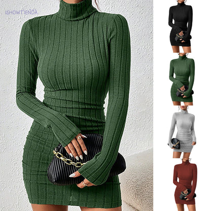 Knitted Bottoming Dress Women Elegant Party Autumn Winter Turtleneck Long Sleeves Sexy Sheath Mini Dresses Bodycon Club Dress Badiee Stylez
