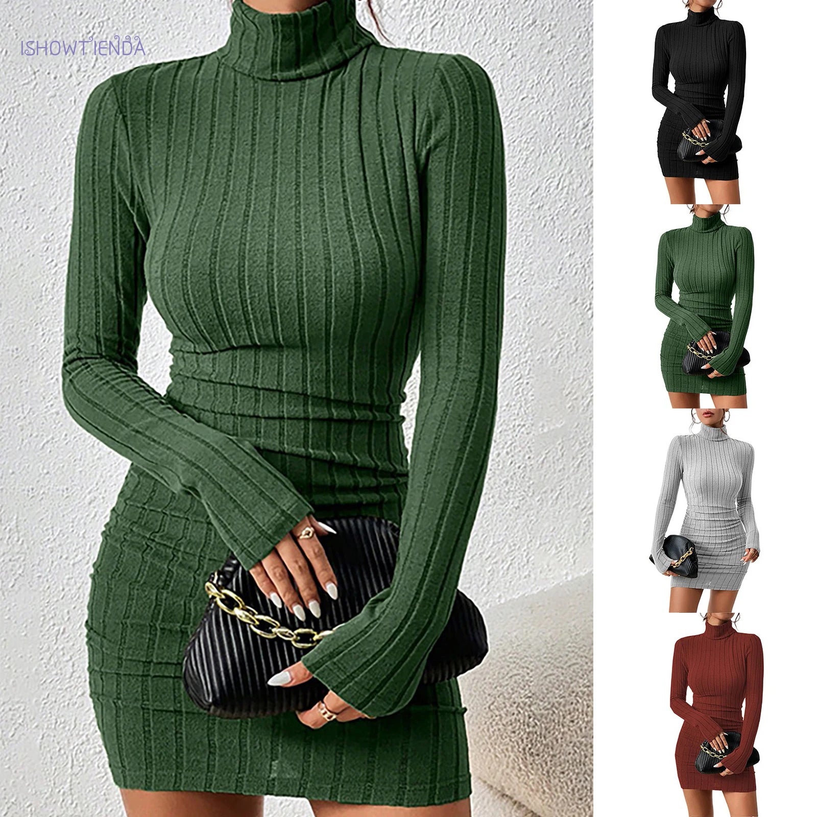 Knitted Bottoming Dress Women Elegant Party Autumn Winter Turtleneck Long Sleeves Sexy Sheath Mini Dresses Bodycon Club Dress Badiee Stylez