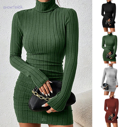 Knitted Bottoming Dress Women Elegant Party Autumn Winter Turtleneck Long Sleeves Sexy Sheath Mini Dresses Bodycon Club Dress Badiee Stylez
