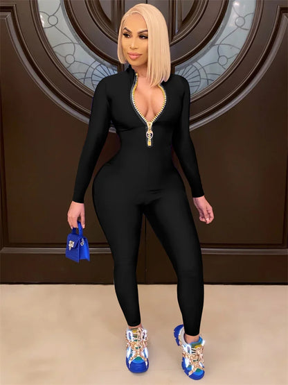 WESAYNB Wholesale Streetwear Clothes Zipper Long Sleeve Jumpsuit Women 2022 Black Blue Pink One-pieces Outfits Bodycon Jumpsuits black