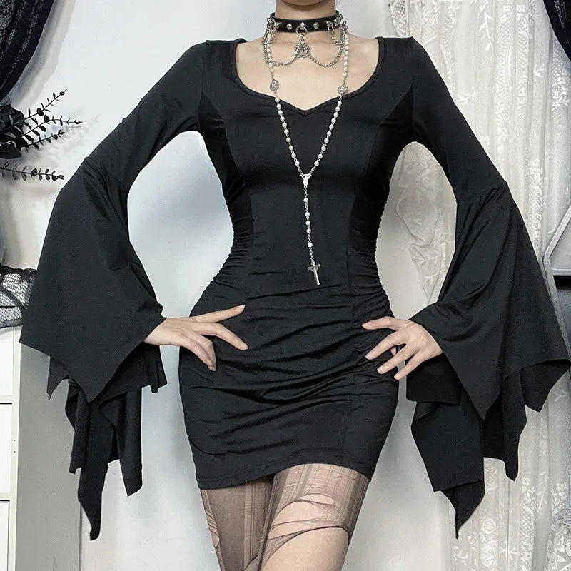 goth dark Cospaly Partywear Women Fashion Batwing Sleeve Mini Dress Elegant Slim Pleat Bodycon Dresses Mall Gothic Alt Teachwear