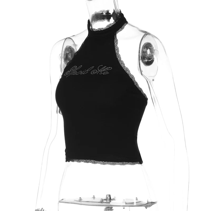 Lygens Halter Rhinestone Diampnds Lace Backless Sleeveelss Women'S Tops Tshirts Y2K Wholesale Casual Solid Fashion Clothing