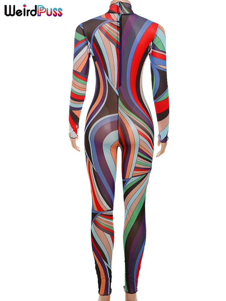 Weird Puss Sexy Colorful Print Jumpsuit Women Zip Y2K Full Sleeve O-Neck Turtleneck Autumn Trend Skinny Stretch Workout Overalls Badiee Stylez