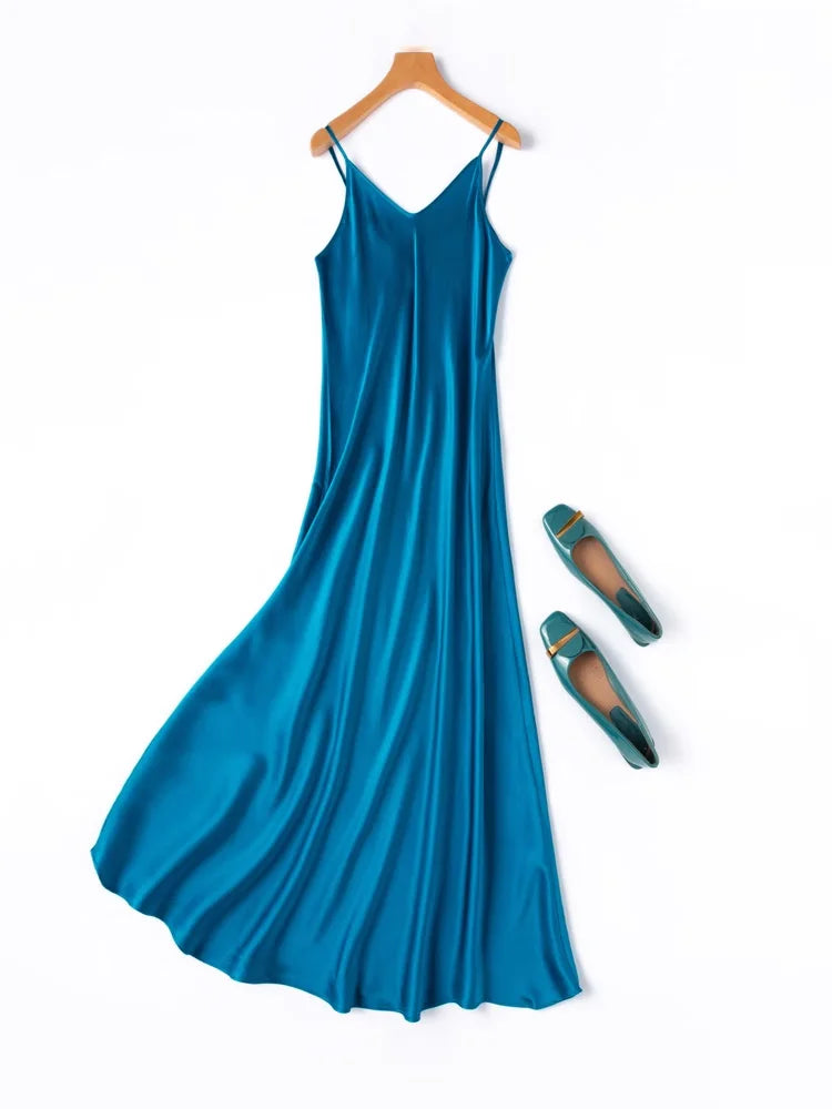 SuyaDream Woman Long Dress, 100%Real Silk, V Neck, Solid Spaghetti Strap Dresses, 2025 Elegant Chic Clothes Badiee Stylez