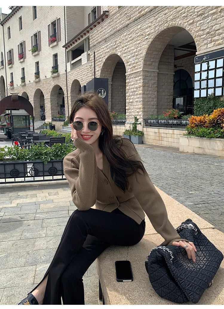 AOSSVIAO Knitted Casual Cardigan 2025 Autumn Winter Elegance Solid Color V-neck Sweater Unique and Niche Slim Fit Tops Badiee Stylez