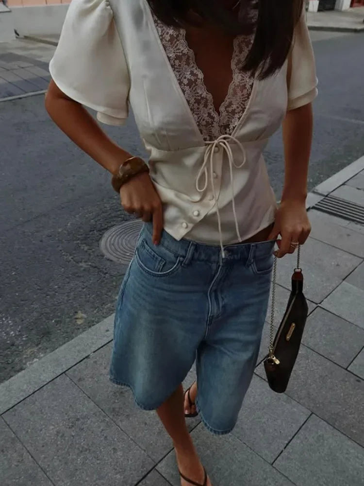 Lace Patchwork Short Sleeve Tops for Women V Neck Sheath Solid Tees Fashion Female Sexy Club T-shirts Elegant Casual