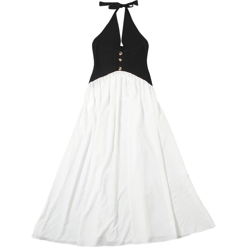 Patchwork Stripe Button Elegant Stretch Skinny French Maxi Bodycon Sexy Halter Dress Women Backless Low Chest Lace-Up Overalls