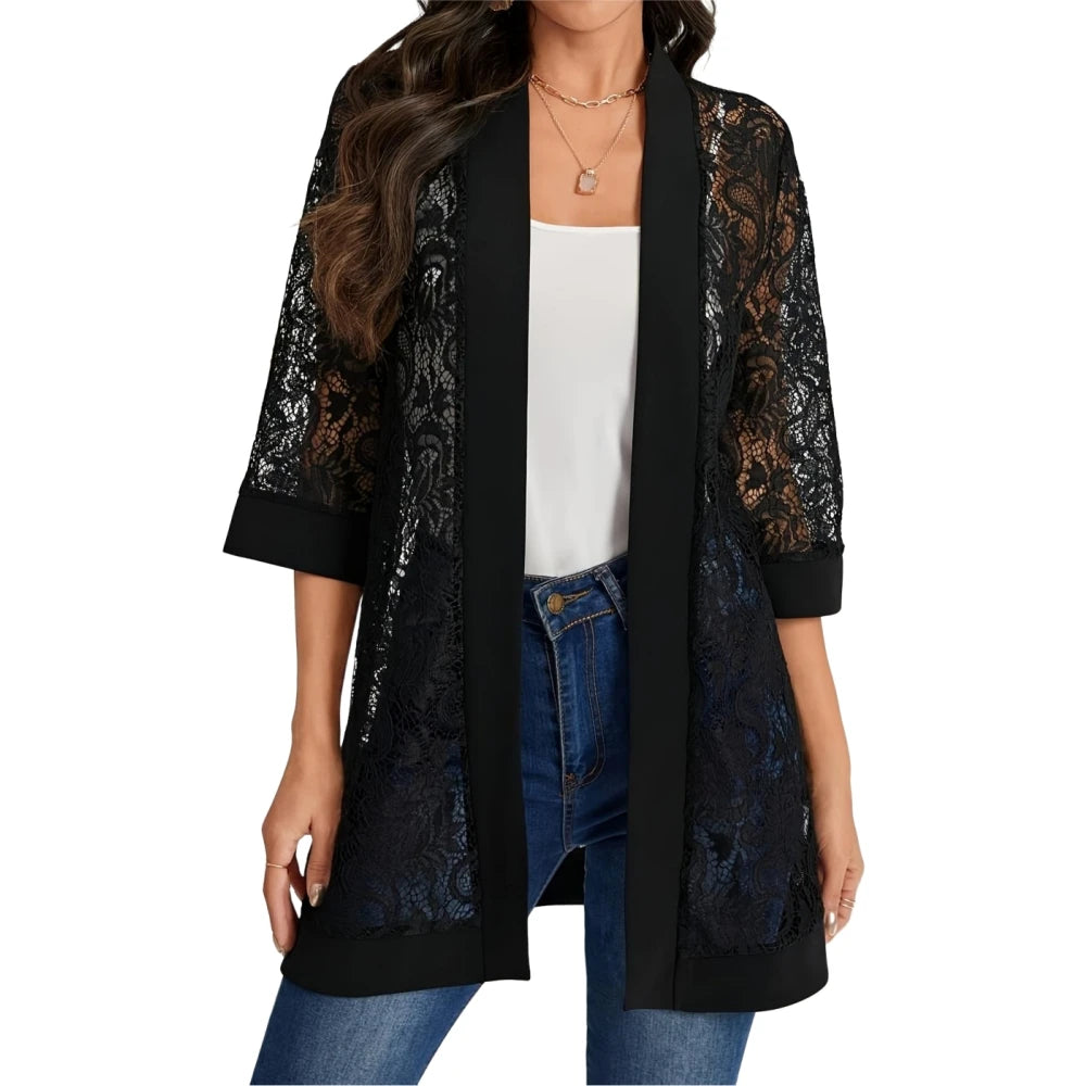 Plus Size Lace Jacket for Women Black Floral Pattern Casual Style Medium Stretch Fabric All Seasons Floral Pattern Cardigan