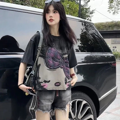 Y2K Hello Kitty Girls Short Sleeve Anime Sanrios Cartoon Cute Summer Sweet Cotton Women T-Shirt Kawaii Casual Loose Trend Tops Badiee Stylez