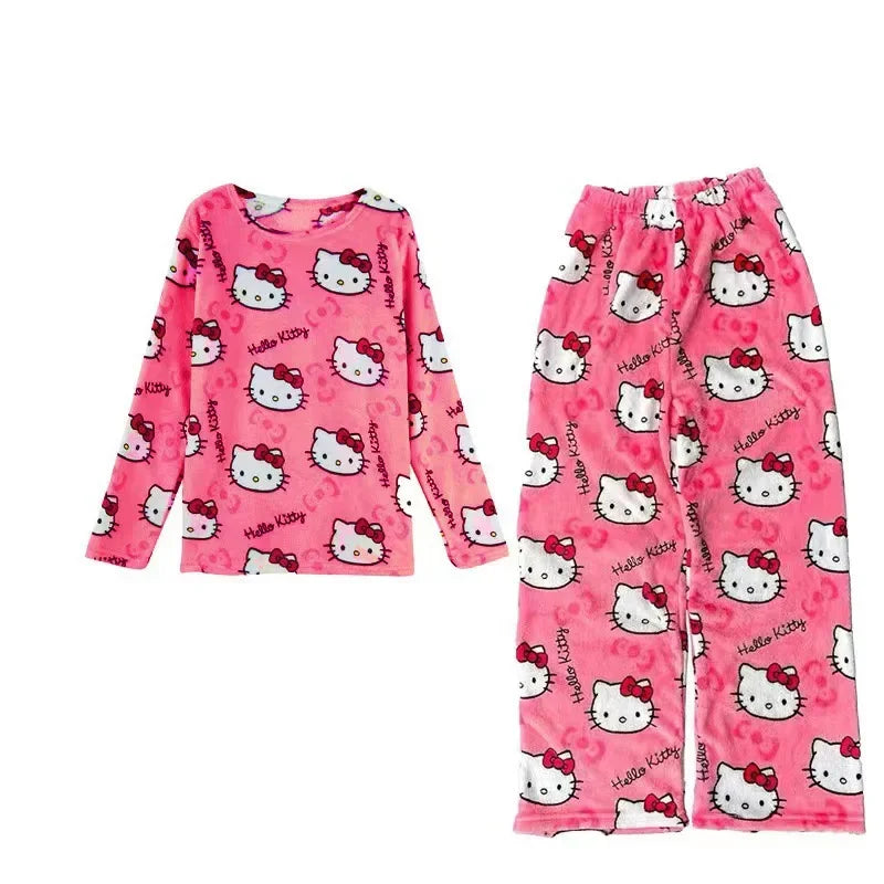 Winter Hello Kitty Pajamas Set Flannel Pants Kawaii Cartoon Pajama Suit Warm Thickened Woman Pants Plush Homewear Cute Sleepwear 2