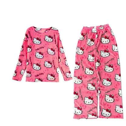 Winter Hello Kitty Pajamas Set Flannel Pants Kawaii Cartoon Pajama Suit Warm Thickened Woman Pants Plush Homewear Cute Sleepwear 2