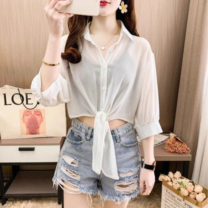 Xpqbb Summer Sun Protection Shirts Ladies Solid Color Tied Waist Half Sleeve Button Blouse Women Casual Loose Chiffon Shirt WHITE