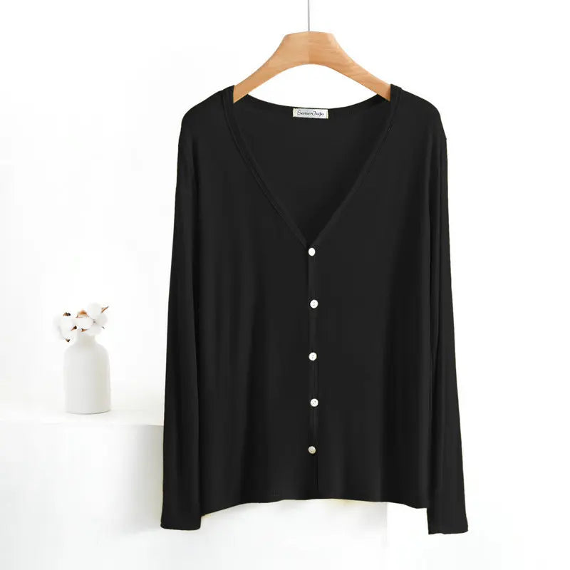 Summer Spring Modal Cardigan Long sleeves Candy colors V Neck Tshirt Open-front sun-proof clothing Air-conditioned tops black bust-100-120cm