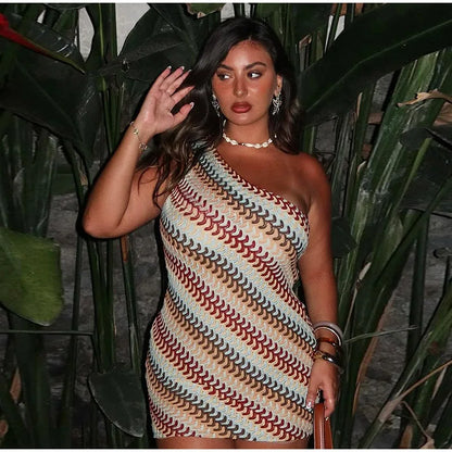 Rainbow Knitted Single Shoulder Mini Dress Women Sexy Sleeveless Waist Hugging Tight Short Dresses 2025 New Summer Party Vestido