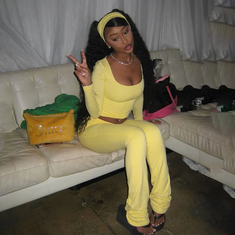 Fashion Soild Women's Set Long Sleeve Yellow U Neck Shirt and Flared Pants 2024 Elegant Tracksuits Two 2 Piece Set Outfits