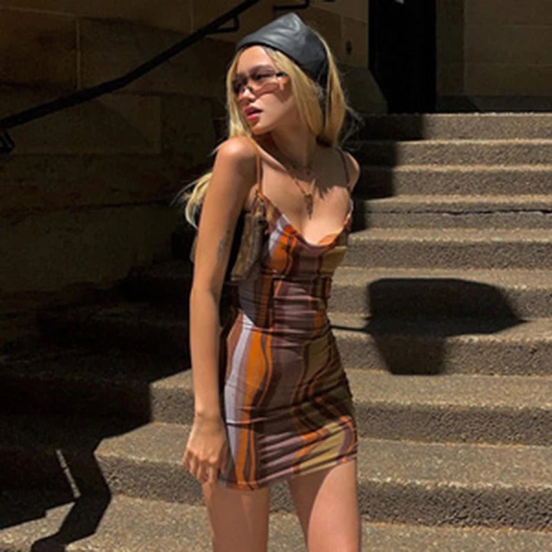 Women Fashion Print Slips Backless Sexy Bodycon Party Strappy Mini Dress ummer Women Casual Clothes Beach Party Vacation Club Dark Brown