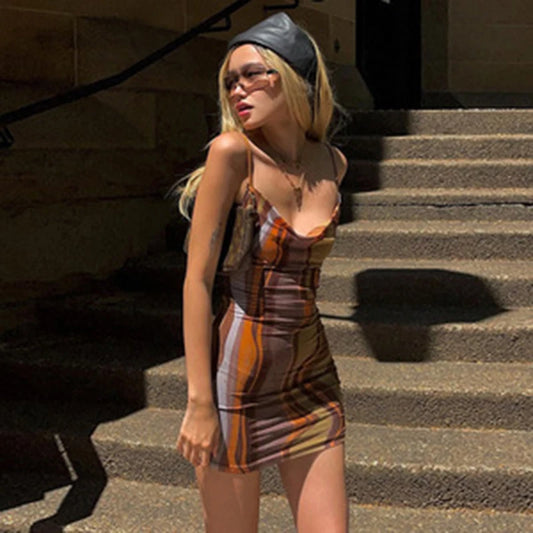 Women Fashion Print Slips Backless Sexy Bodycon Party Strappy Mini Dress ummer Women Casual Clothes Beach Party Vacation Club Dark Brown