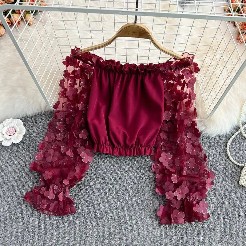Off Shoulder Sexy Lace Blouses Women 2025 Spring Summer Korean Fashion Long Sleeve Tops Slim Flower Transparent Chiffon Shirts