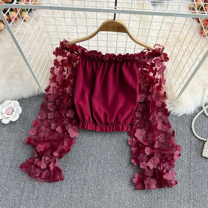 Off Shoulder Sexy Lace Blouses Women 2025 Spring Summer Korean Fashion Long Sleeve Tops Slim Flower Transparent Chiffon Shirts