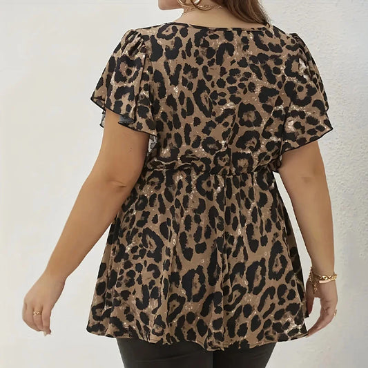 Plus Size Women's Shirt, Leopard Print Round Neck Waist Short-Sleeved Shirt, Holiday Casual Top