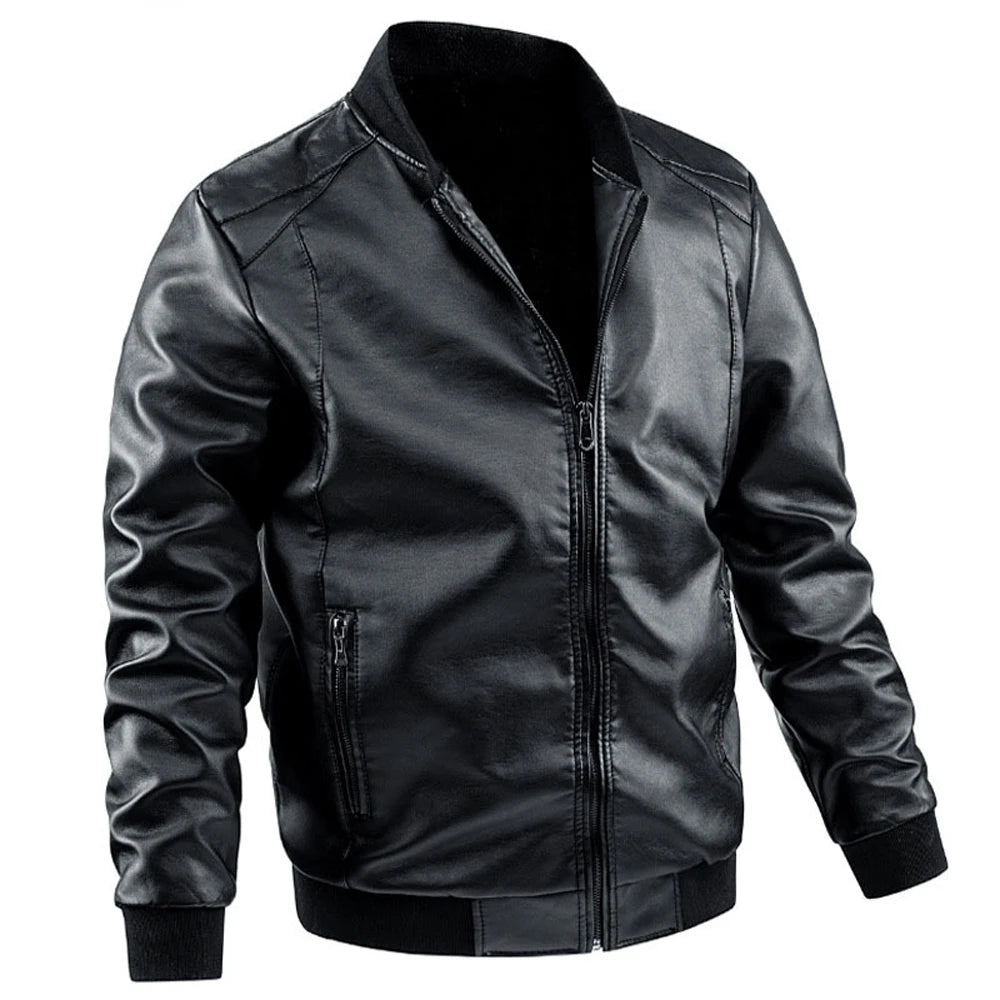 Men's Casual Leather Jacket Jacket Fashion Solid Color Collar Zipper Pocket Biker Clothing Bomber Motorcycle PU Jacket