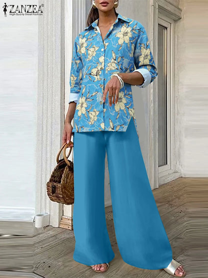 ZANZEA Autumn Vintage Pant Sets Women Fashion 2 Piece Outfits 2025 Elegant Long Sleeve Print Tops and Elastic Waist Pants 2pcs Badiee Stylez
