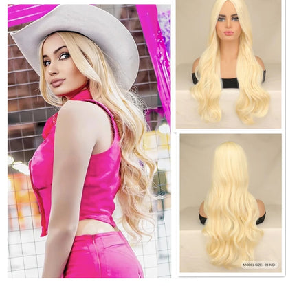 Blonde synthetic wig with straight bangs Ladies Cosplay wig High temperature silk wig set with big waves and long curly hair 412-103-light gold