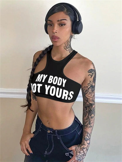 Simenual Punk Style Sleeveless Super Short Tanks Summer Vest Casual Women Sexy Grunge Letter Printed Streetwear Crop Tops Slim black