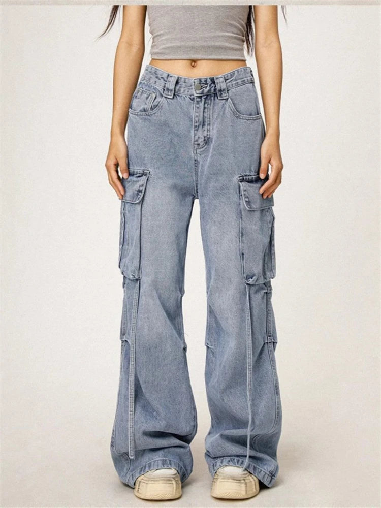 Women's Washed Blue Large Pocket Jeans Cool Girl High Waisted Fashion Loose Pants Female Straight Retro Denim Trousers