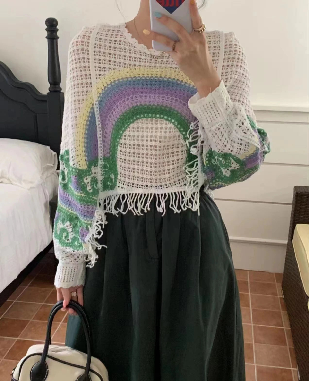 Embroidery Rainbow Crochet Top Sheer Openwork Pullover Batwing Sleeve Cover Up for Women Spring Summer Fairycore Outfit Badiee Stylez