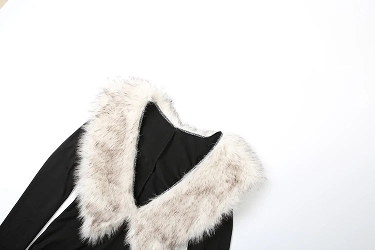 Nibber Autumn Trend Sexy Junpsuits+Furry Foot Cover Woman Low-Neck Full Sleeve Skinny Peach Hip Midnight Party Fashion Clubwear Badiee Stylez