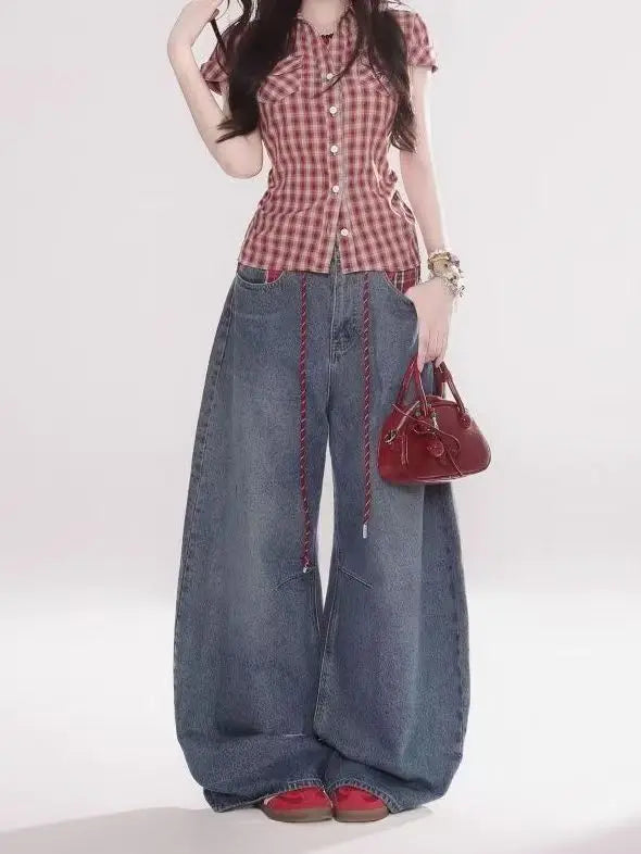 Y2K fashion retro cartoon embroidered women wide-leg jeans casual Harajuku loose pants street personality high-waisted jeans