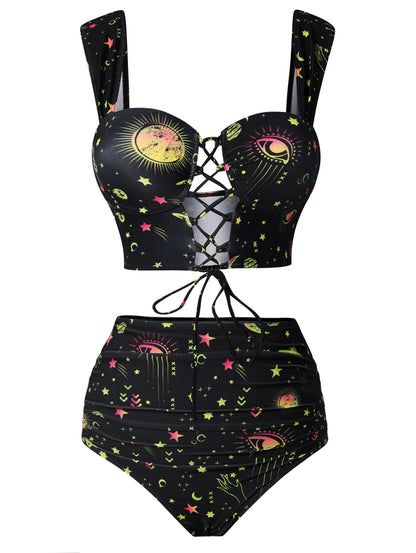 Dressfo Women's Vintage Tanknini Swimsuit Sun Moon Print Lace Up Cut Out Ruched High Waist Bottom Push Up Underwire Swimwear